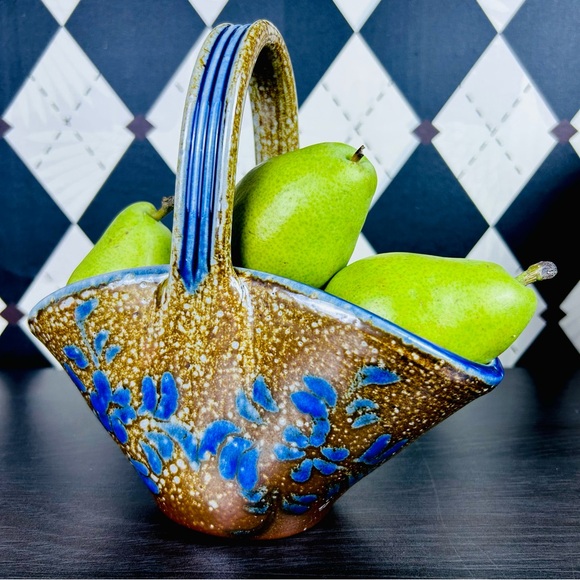 Vintage Studio Earthenware Basket Bowl, Blue Floral Glaze 8" Gray Brown Blue - Picture 3 of 14